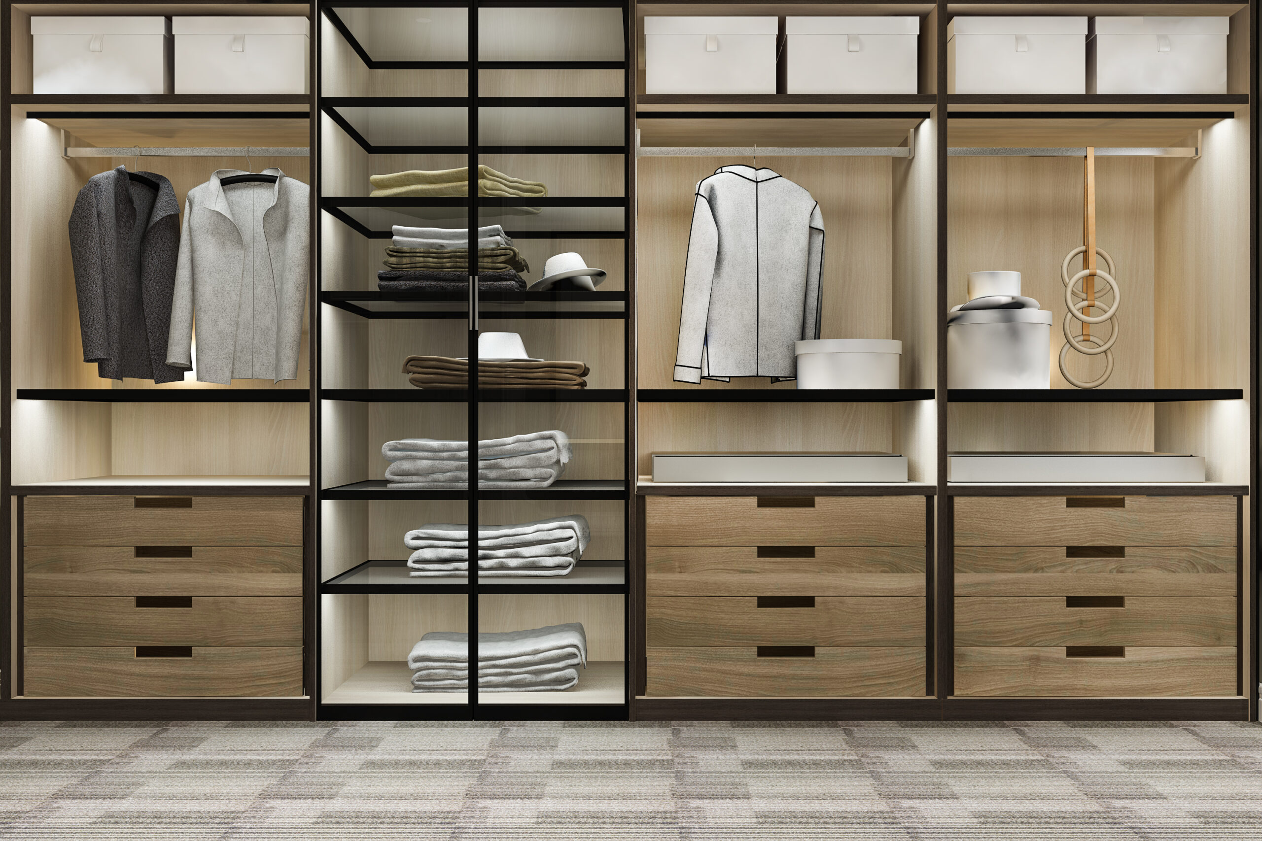 3d rendering minimal scandinavian wood walk in closet with wardrobe